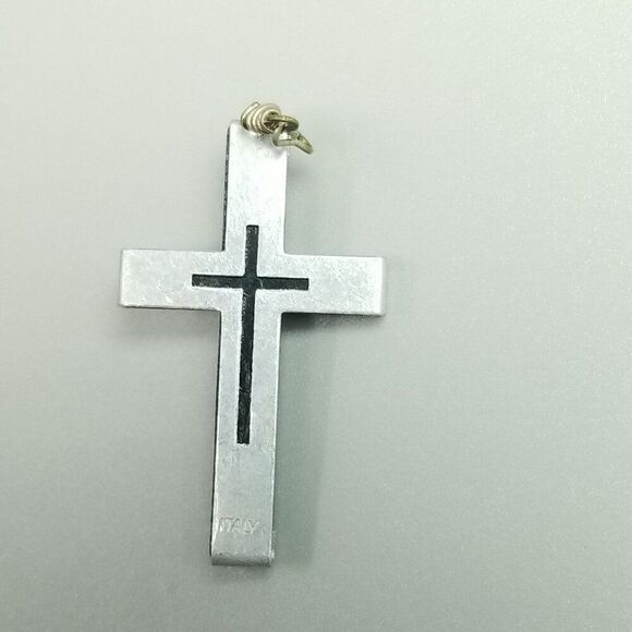 Vintage Black and Silver Tone Crucifix Cross Pendant, INRI, 1 1/2 Inch Long - Picture 4 of 9